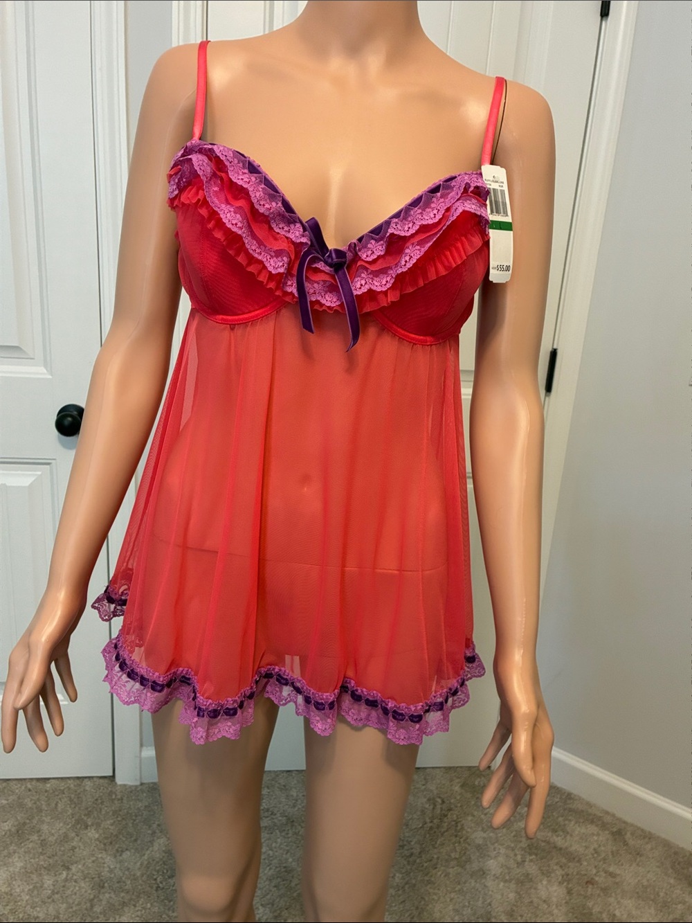 Sheer Red & Purple Lace Babydoll Chemise by Cassandra Intimates.